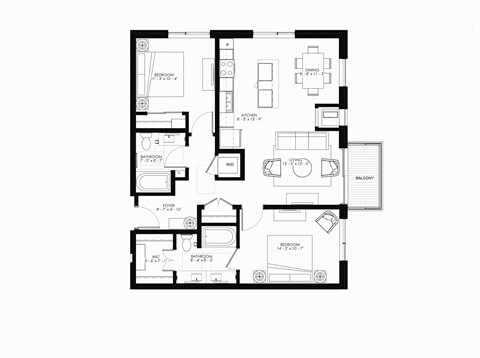 Floor plan for 2 beds, 2 baths, 1081 sqft